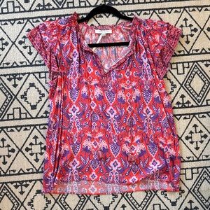 Rose & Olive Red and Purple Floral Flutter Sleeve V-Neck Blouse